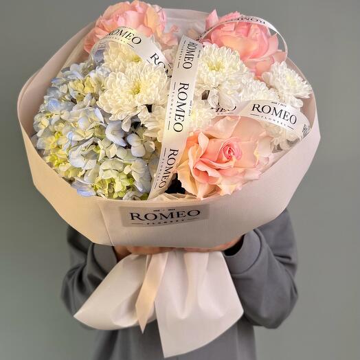 Voluminous bouquet of hydrangeas, roses and chrysanthemums