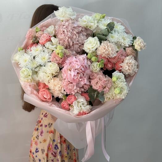 Гортензия, диантус, эустома, роза кустовая пионовидная - Букет нежных цветов 💐