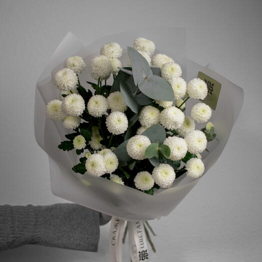 Букет из белых хризантем ньютон с эвкалиптом, XS, 5 шт