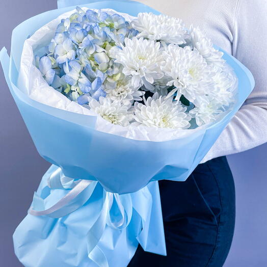 🩵Летнее небо🩵 букет с голубой гортензией и хризантемами