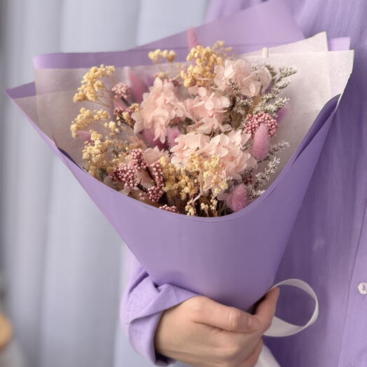 Букет из сухоцветов на день рождения, сиреневый, розовый