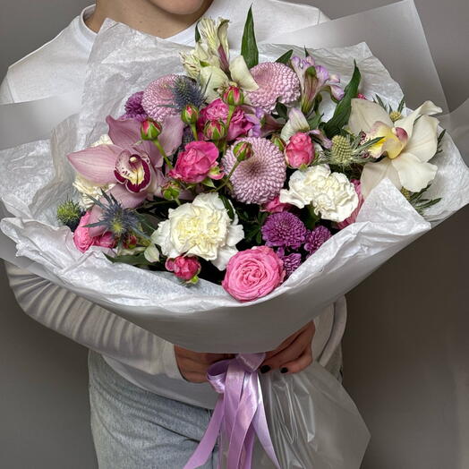 Bouquet with orchids and bush rose