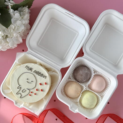 Набор торт бенто «Пук любви» и 4 японских пирожных Моти в подарок на день рождения, другу, подруге, мужу, жене