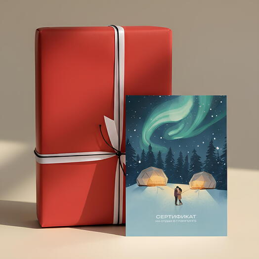 Подарочный сертификат в лимитированном дизайне номинал 10000 руб. на отдых в глэмпинге в подарочной упаковке