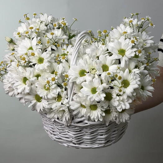 Корзина с кустовыми хризантемами и матрикарием