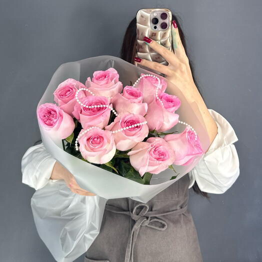 Монобукет💕 с пионовидной розой Мандала 11 штук с бусами