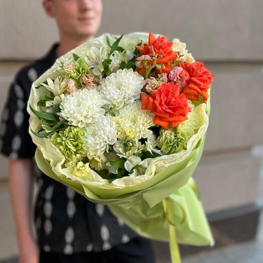Букет «Мандариновый мох» 💚🧡 пушистая хризантема, белая альстромерия, ароматная маттиола 🩷🩷