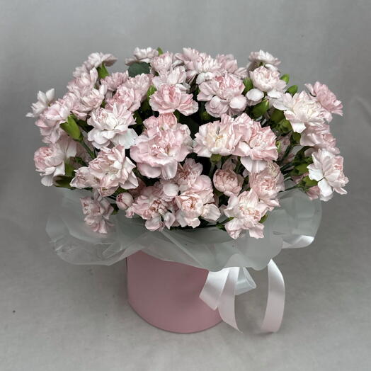 35 розовых кустовых диантусов с эвкалиптом в шляпной коробке🌸