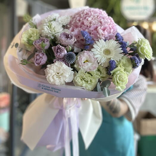 Шикарный букет с гортензией, статицей и эустомой💜