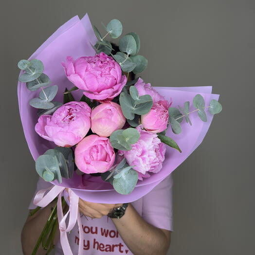 Ароматные пионы 💜 с эвкалиптом | 7 штучек в букете