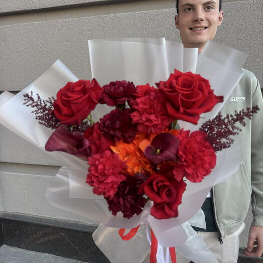 Букет «Бархатное Пламя» с красивыми каллами и оранжевой гортензией 🧡🔥