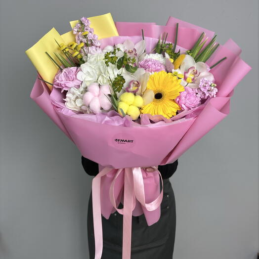 Дофаминовый букет с герберой🌸💛| Букет: гортензия, хризантема, гербера, буплерум, маттиола, орхидеи, хлопок, танацетум, диантусы