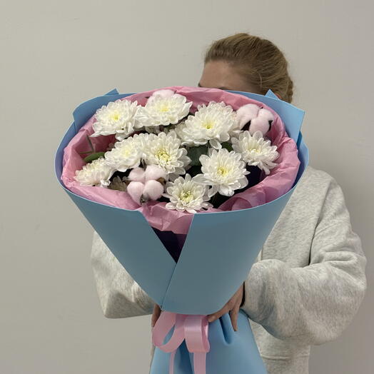 Букет 🌸 «Хлопковая сказка» кустовые хризантемы и хлопок 🎀