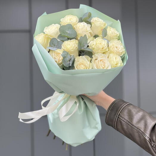 Snow White bouquet of 13 white roses and eucalyptus