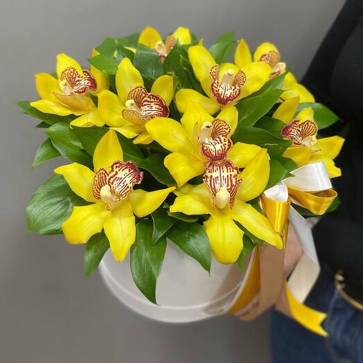 Box with yellow orchids