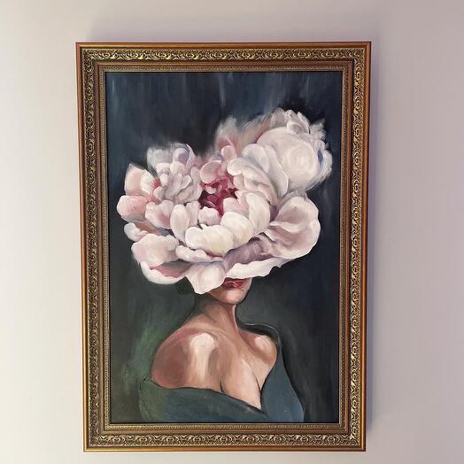 Pintura al óleo de La muchacha de la peonía con el marco