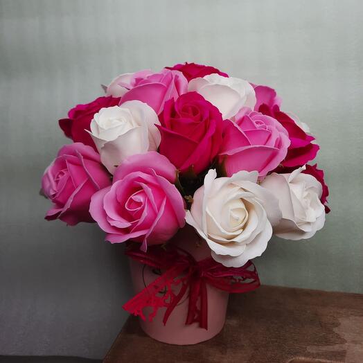 A gorgeous composition of 29 soap roses