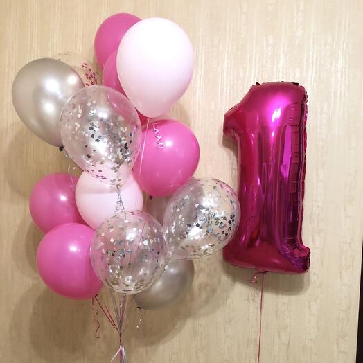 Pink balloons for a girl's birthday 1 year 17 pcs