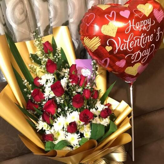 Red roses bouquet with valentine s Day balloons