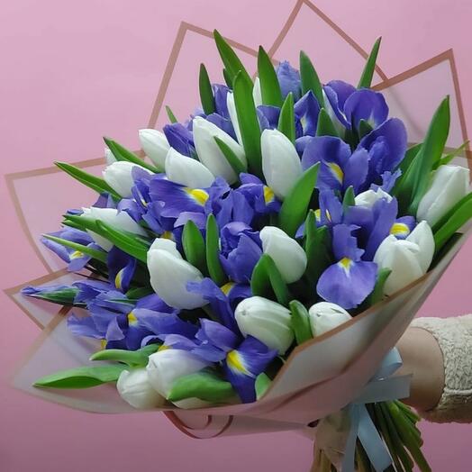 Irises with white tulips