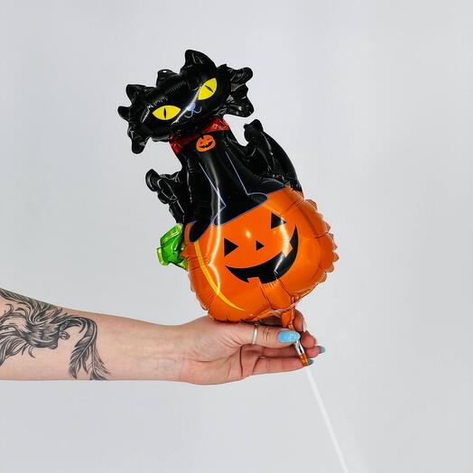 Воздушный шар тыква с черным котом на хэллоуин Halloween
