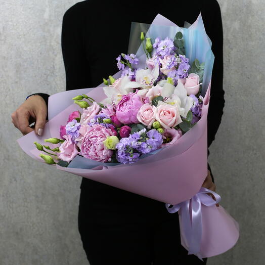 Bouquet of orchids, mattiola, roses, eustoma and peonies "Heavenly Symphony"