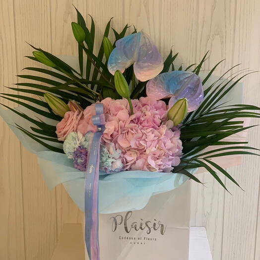 Bubblegum bouquet with hydrangeas roses and anthuriums