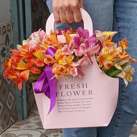 Handbag with multi-colored alstroemeria
