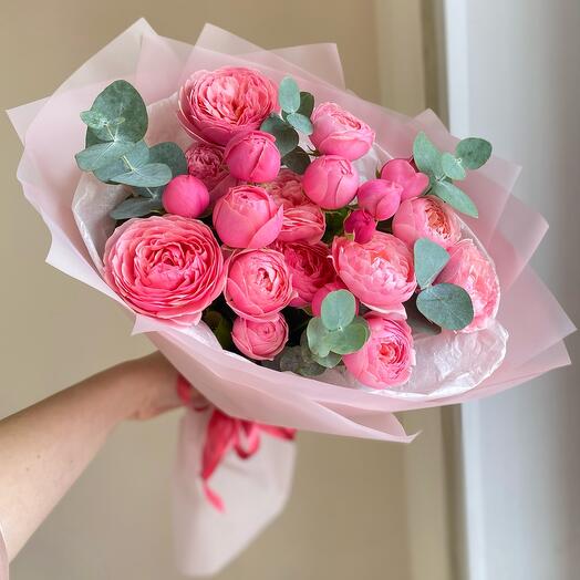 Peony-shaped roses and eucalyptus