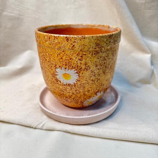 Горшок с ромашками, с поддоном, красная глина, 1,5л