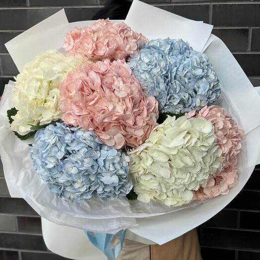 Букет из 7 гортензий в оформлении