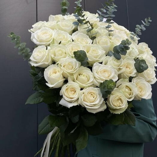 51 White roses bouquet with Eucalyptus