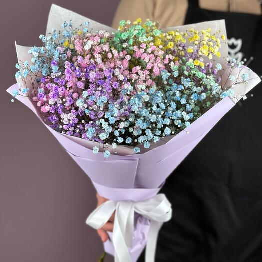 A bright bouquet of rainbow colored gypsophila
