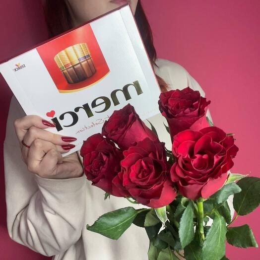 5 красных роз и мерси
