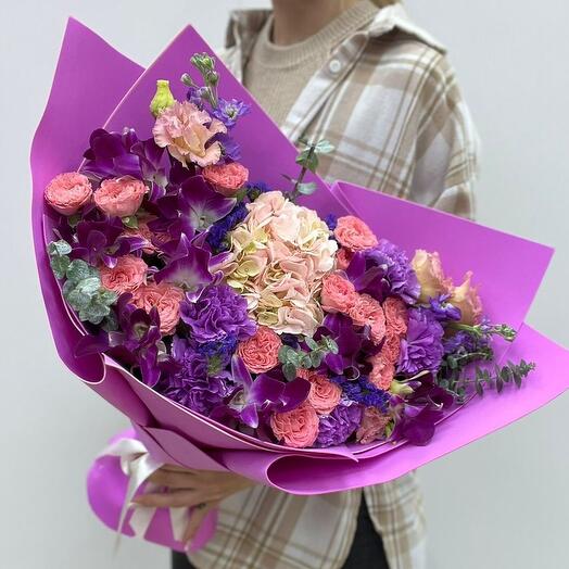 Букет из Орхидеи Дендробиум, Гортензии и Кустовой Розы🌷