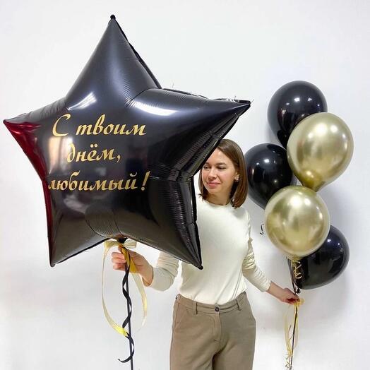 Звезда с надписью и фонтан из 5 шаров