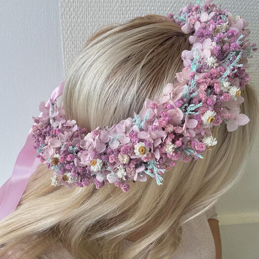 Венок на голову из стабилизированных цветов гипсофилы, гортензии и сухоцветов «Нежность» ободок на голову для фотосессии