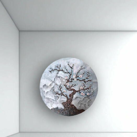 Интерьерная фактурная картина Сакура на фоне гор