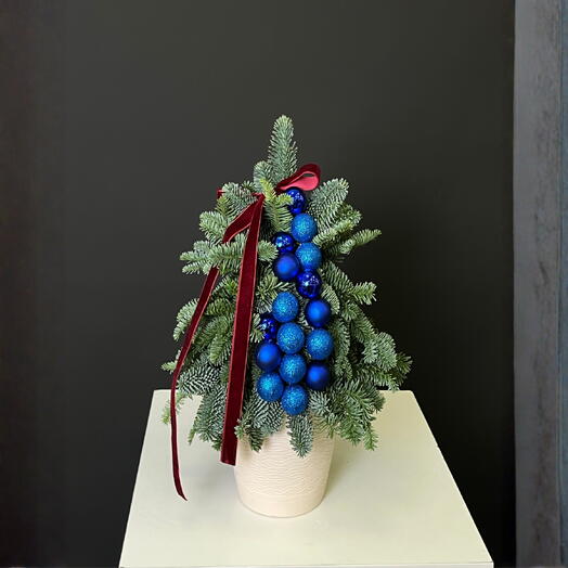 Ёлка из нобилиса Северное Сияние в кашпо — мини-ёлка с синими игрушками