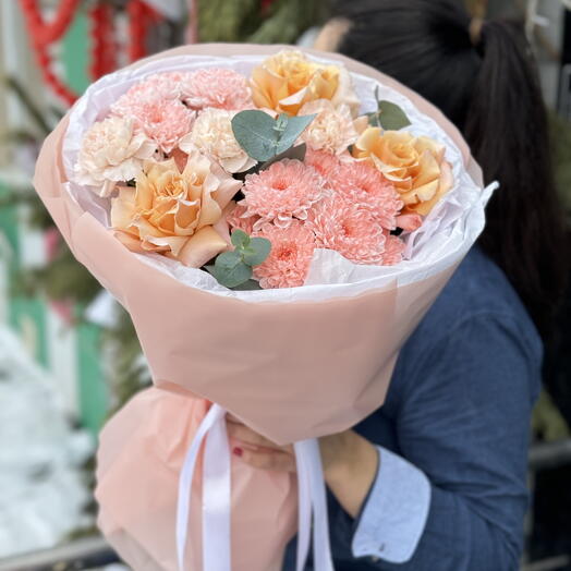 Нежный персиковый букет с розами🌸/ Уфа доставка