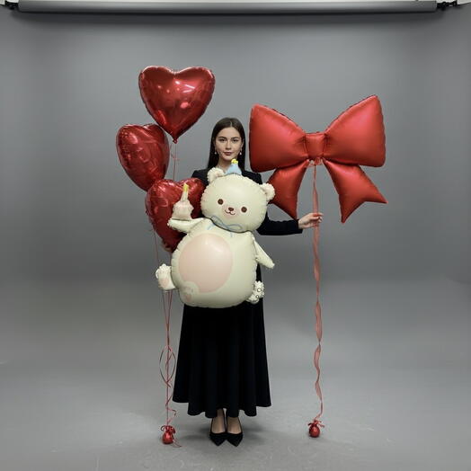 Набор воздушных шаров «Мишка с бантом и сердцами»