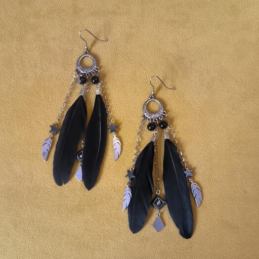 Серьги Перья чёрные с агатом и гематитом