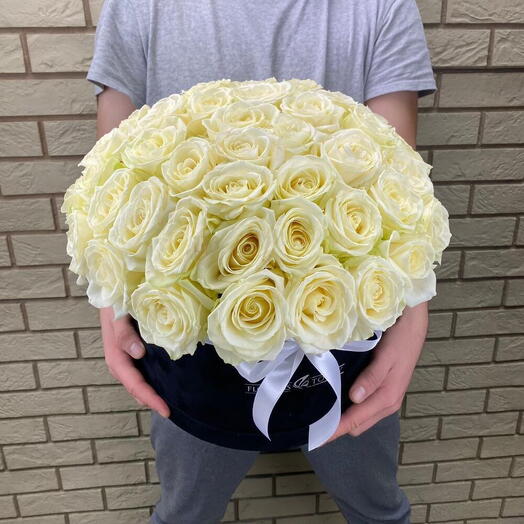 51 white roses in a black box