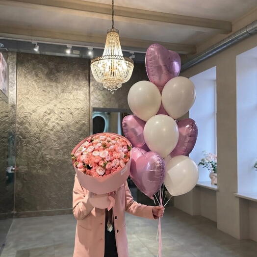 Pink Roses Bouquet with Heart Balloons