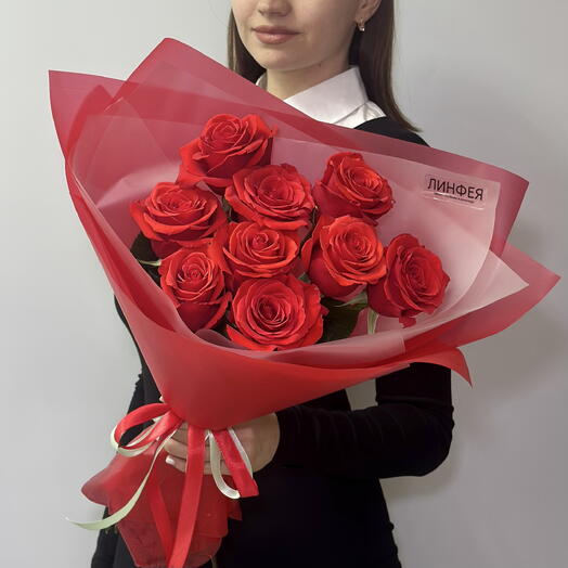 Букет алых роз, 9шт