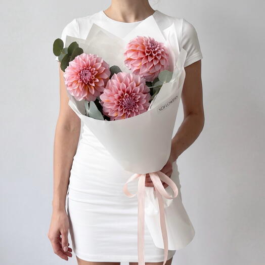 Букет-комплимент из 3 георгин с эвкалиптом от XOFLOWERS