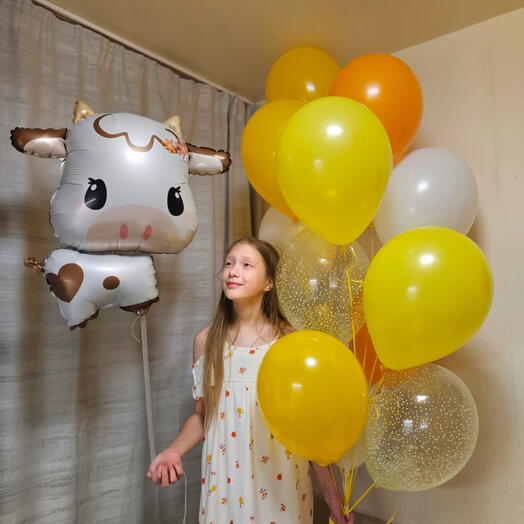 Коровка,корова и оранжевые, желтые шары для ребёнка,девочки, дочки, сына-15шаров