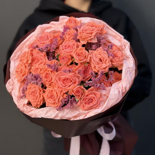 Букет кустовая коралловая роза 🌹 с сухоцветами