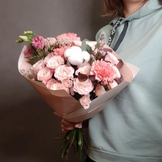 NEW!! Bouquet with dianthus, cotton and bush rose