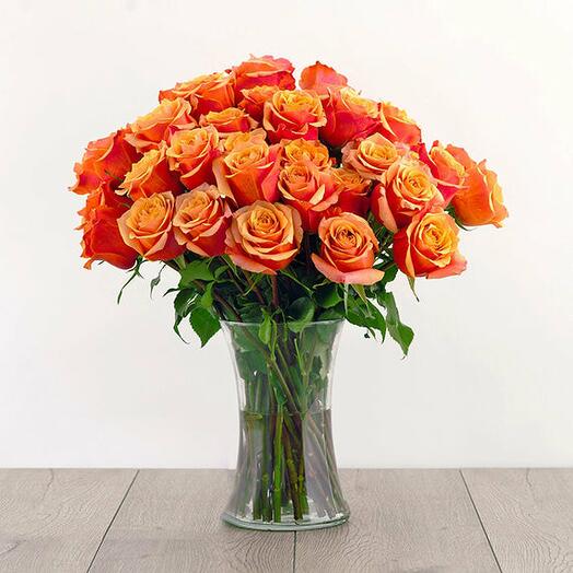 Apricot Orange Roses Glass Vase Arrangement